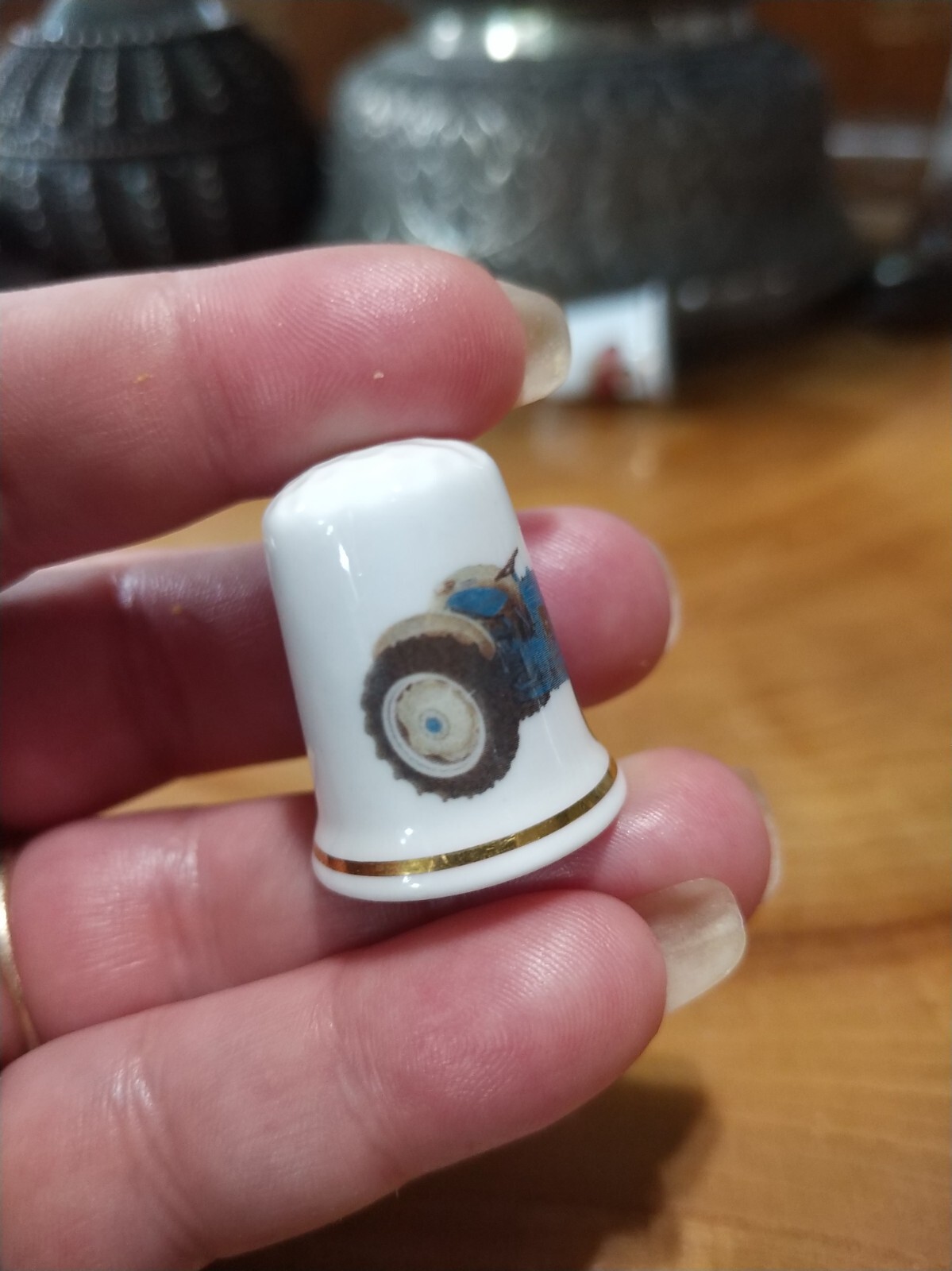 2 Vintage farm tractors thimbles. Gimbel and sons bone china England
