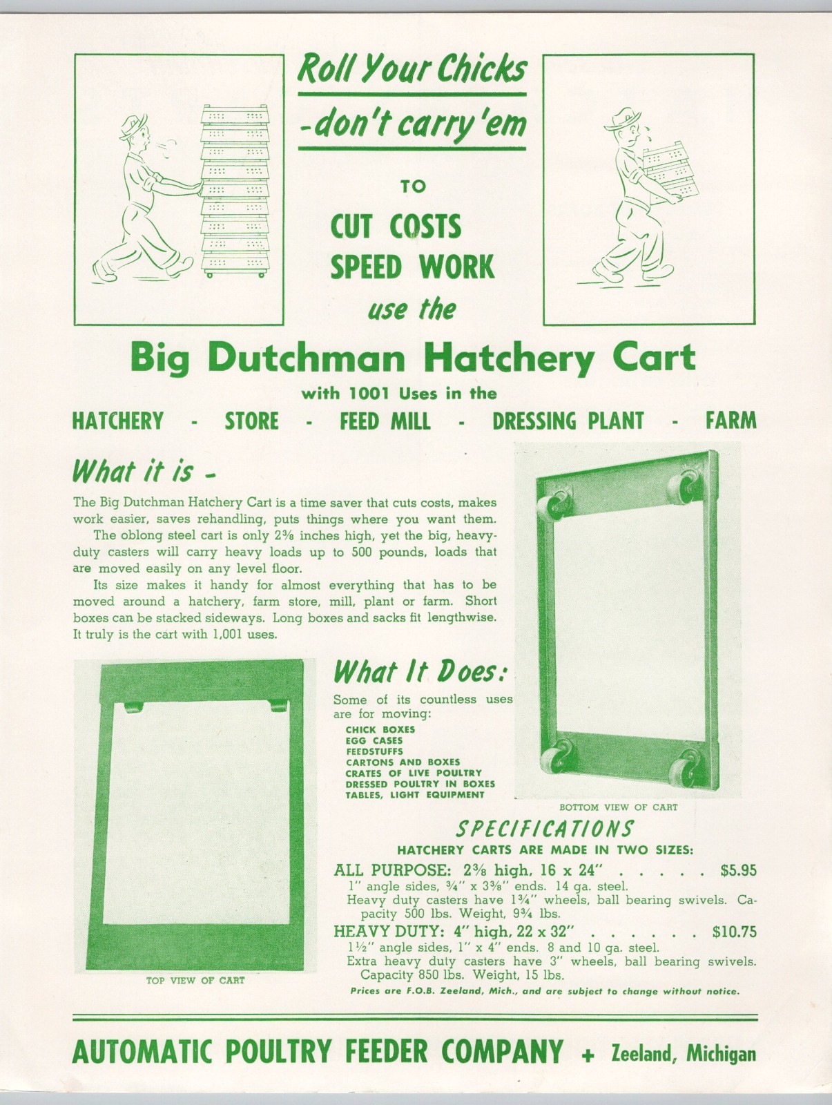 Big Dutchman Hatchery Carts Automatic Poultry Feeder Co Zeeland MI Flyer