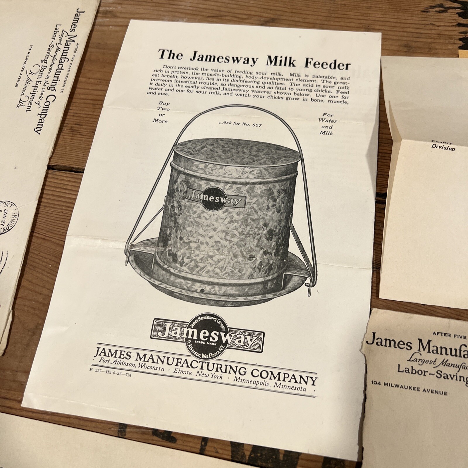 1922 James Mfg Jamesway Paper Lot Brochures Letterheads Appleton WI Elmira NY