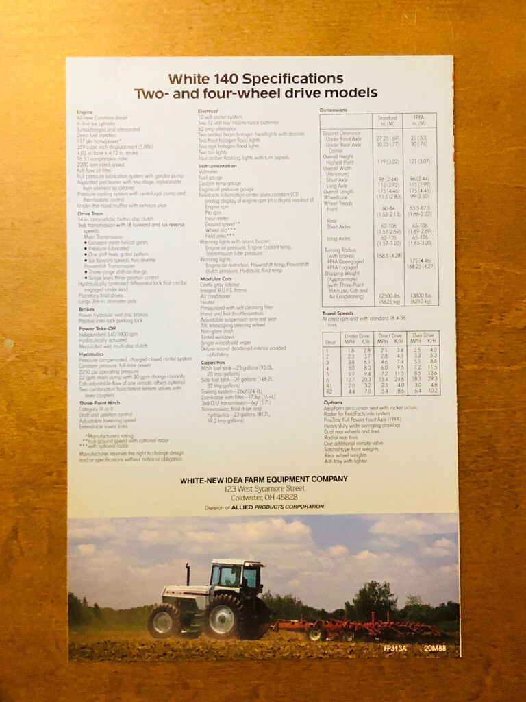 1988 White 140 PTO HP Tractors Specifications Brochure 5 1/2″ x 8 1/2″