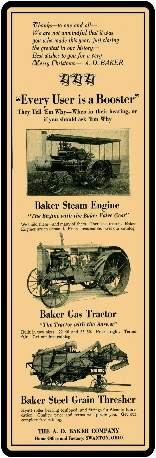 A.D. Baker Threshing Machines New Metal Sign: 6″ x 18″ Long – Swanton, Ohio