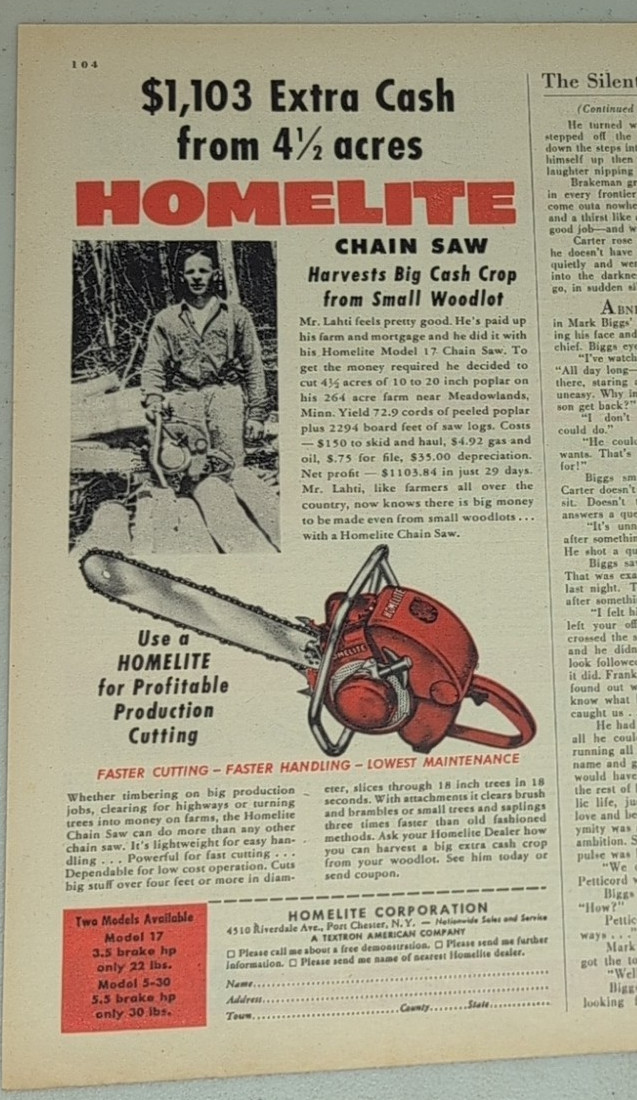 1955 Homelite Vintage Print Ad Chainsaw Timber Lumber Log Firewood Cutting Chain