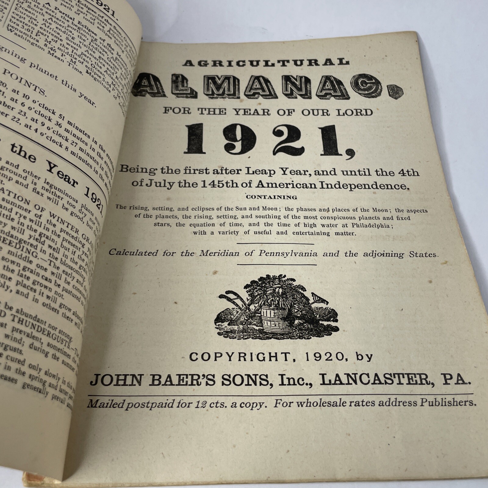 Vintage 1921 John Baers Sons Agricultural Almanac Lancaster Penn Farmers Almanac