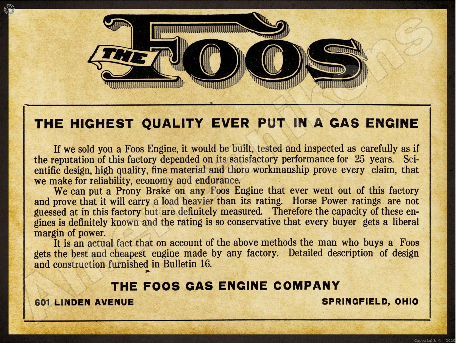 1912 Foos Gas Engine Company New Metal Sign: Springfield, Ohio – Large Size