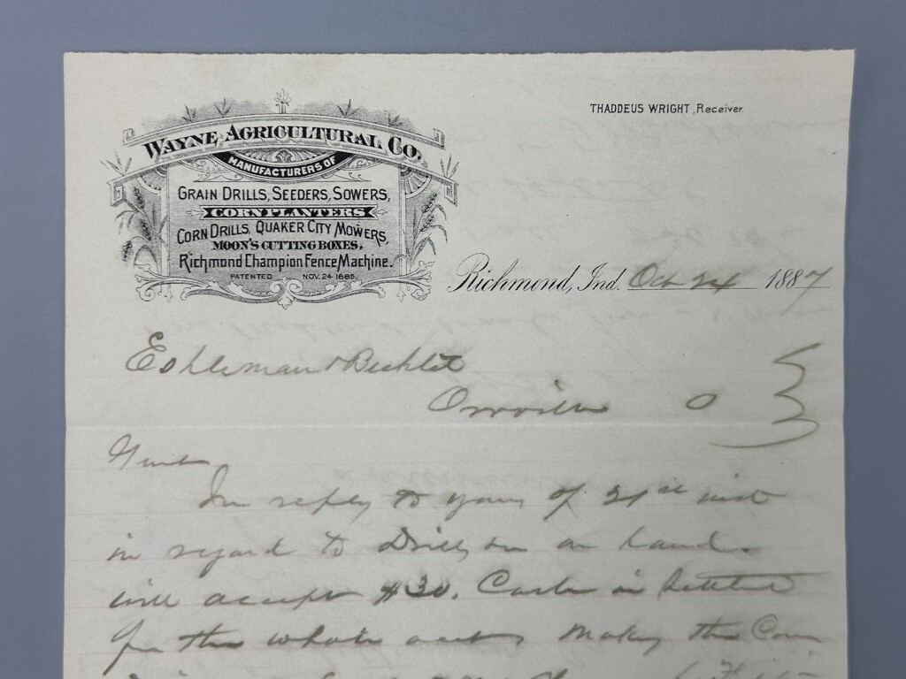 1887 WAYNE AGRICULTURAL Corn Planters FARM Advertising RICHMOND Indiana