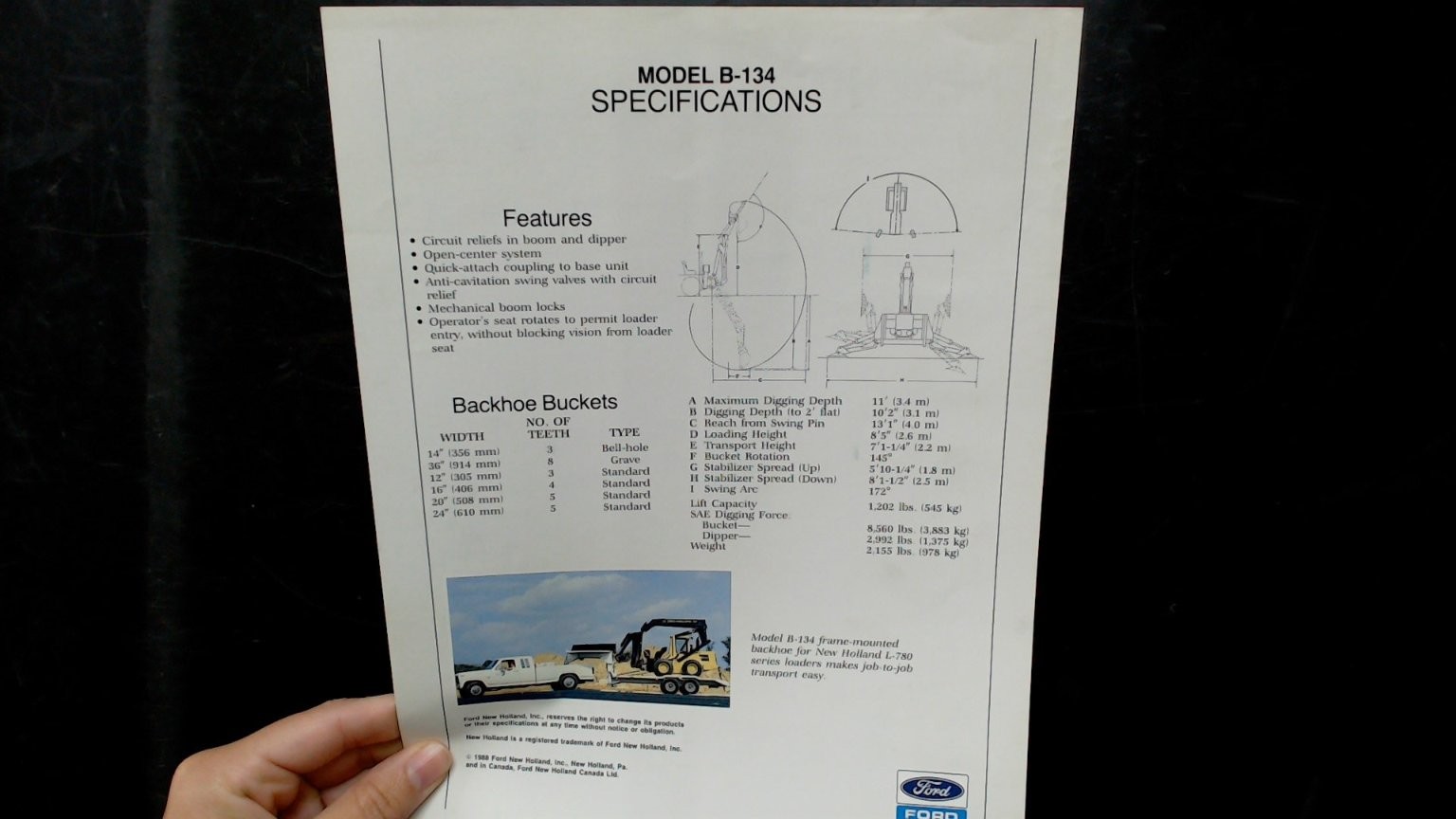 New Holland Ford B-134 Heavy-Duty Backhoe Brochure 1988 Agriculture