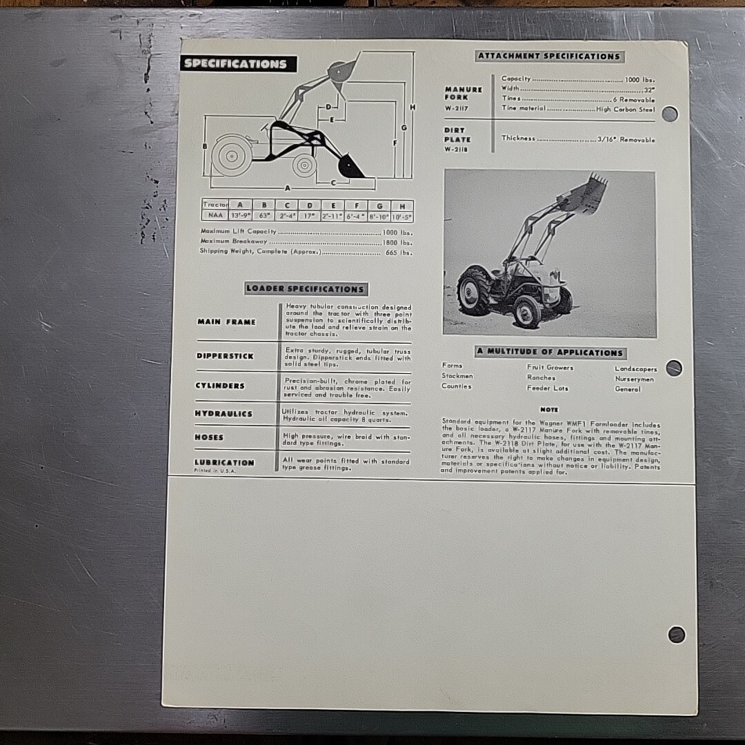 1950s WAGNER Model WMF1 Tractor Loader For Ford 8N 9N Tractors Sales Brochure