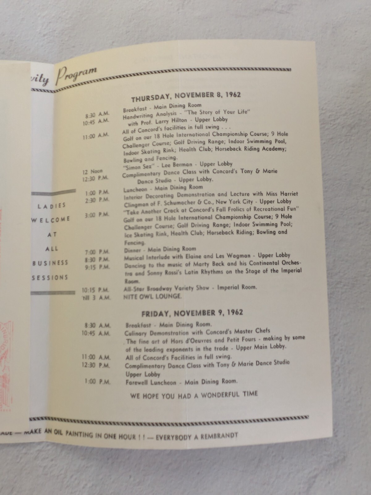 1962 New York Farm Equipment Dealers Associaton Ladies Program Concord Hotel