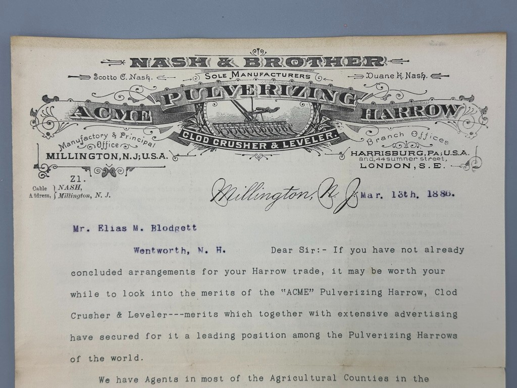 1886 ACME HARROW Nash FARM Advertising MILLINGTON NJ Antique