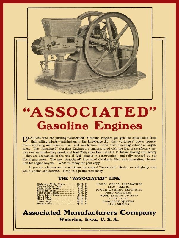 1915 Associated Gas Engines NEW METAL SIGN: Waterloo Iowa – 9″ x 12″ Made in USA