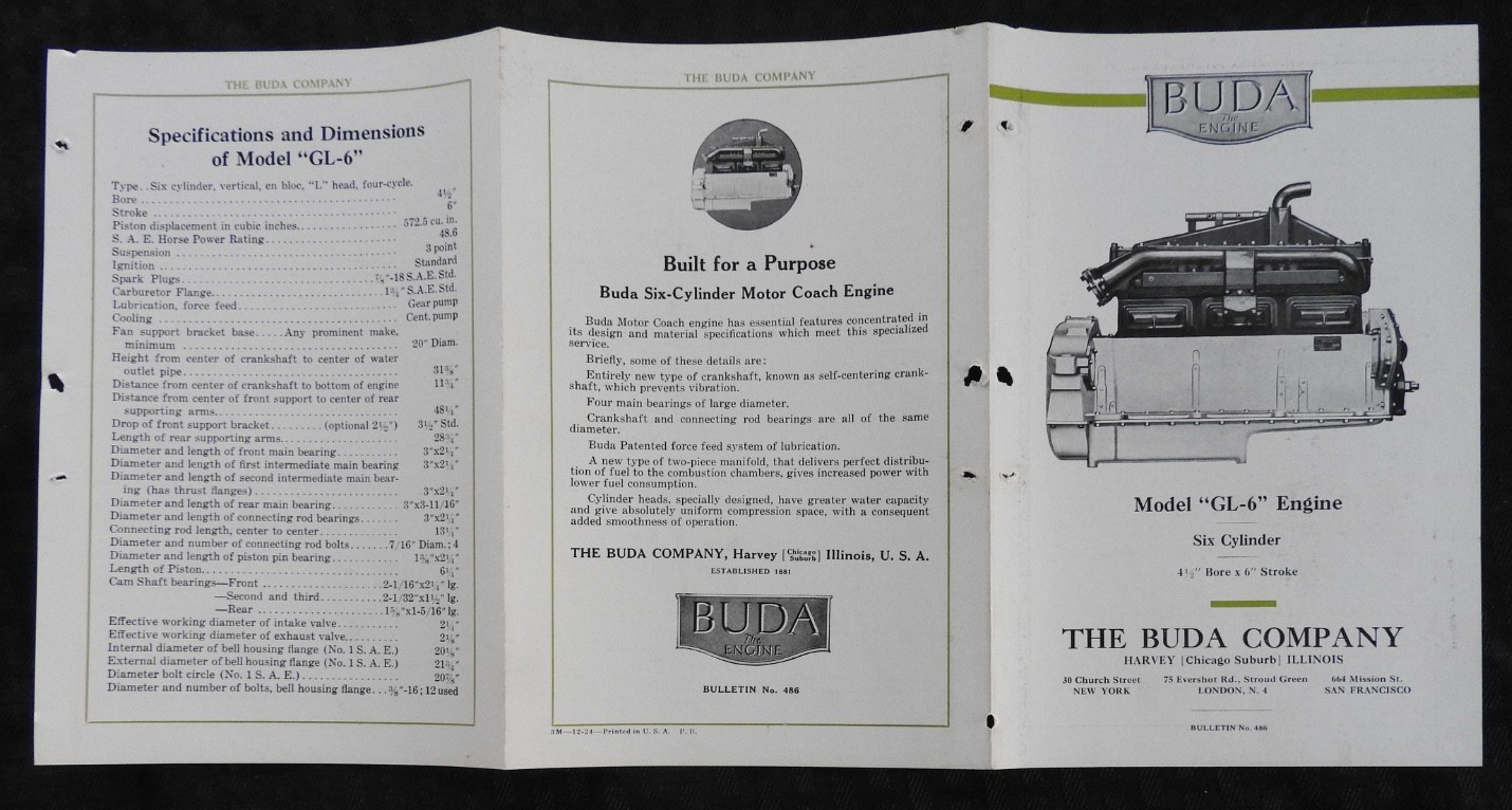1924 “Buda Model GL-6 Gas Engines” Six Cylinder Engine Brochure RARE