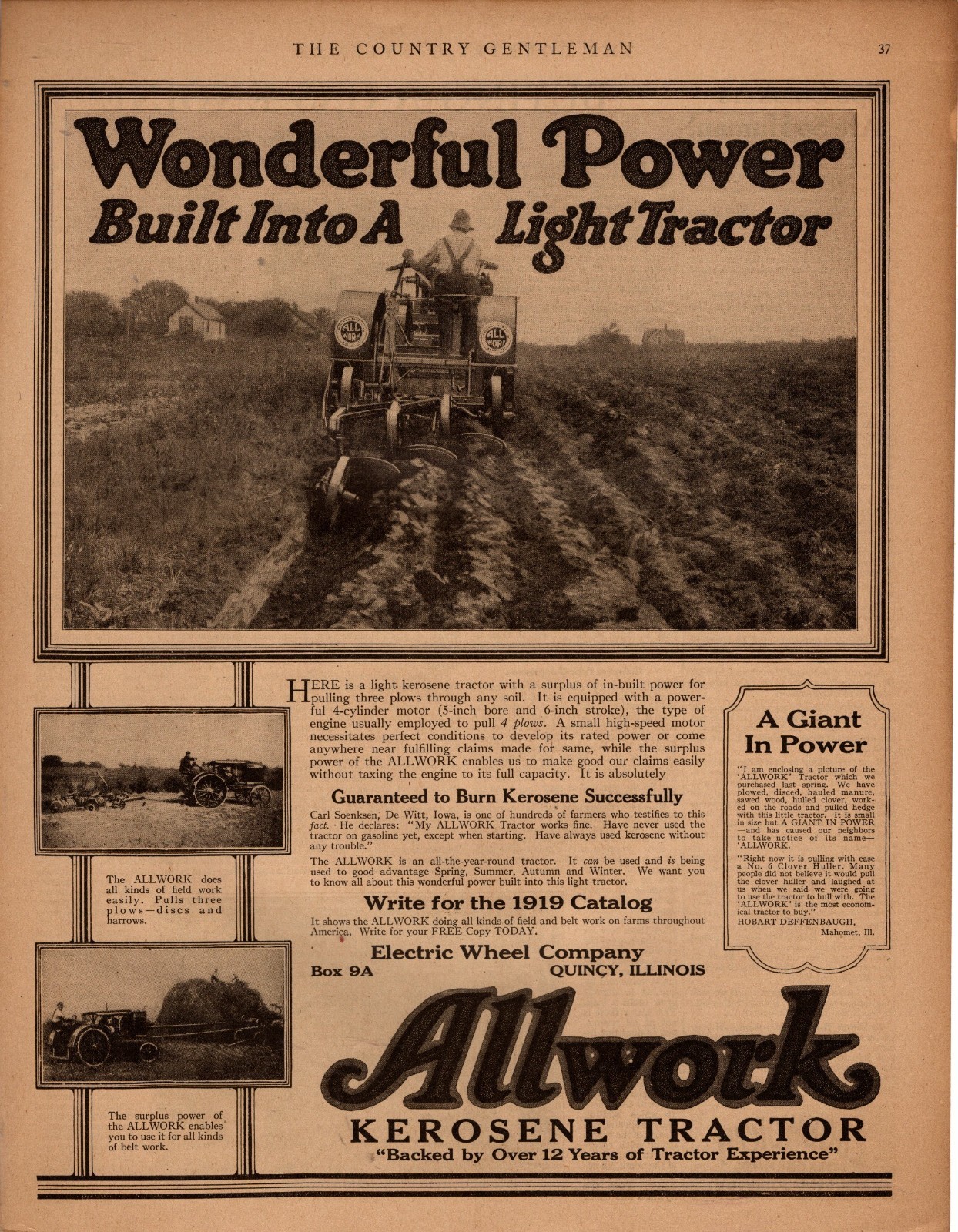 1919 Allwork Kerosene original tractor ad – Quincy IL