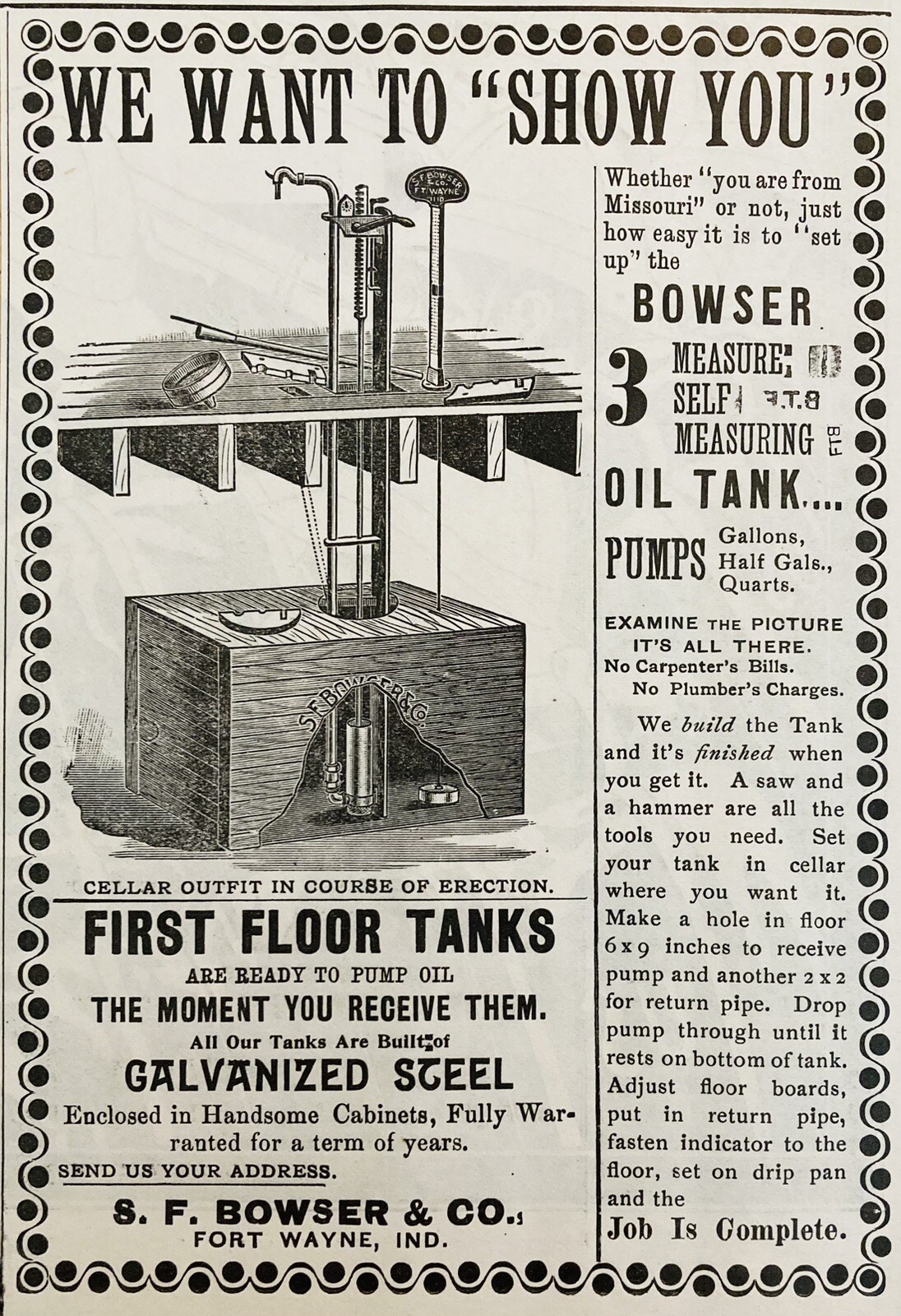 1899 AD.(XH63)~S.F. BOWSER CO. FORT WAYNE, IND. SELF MEASURING OIL TANKS