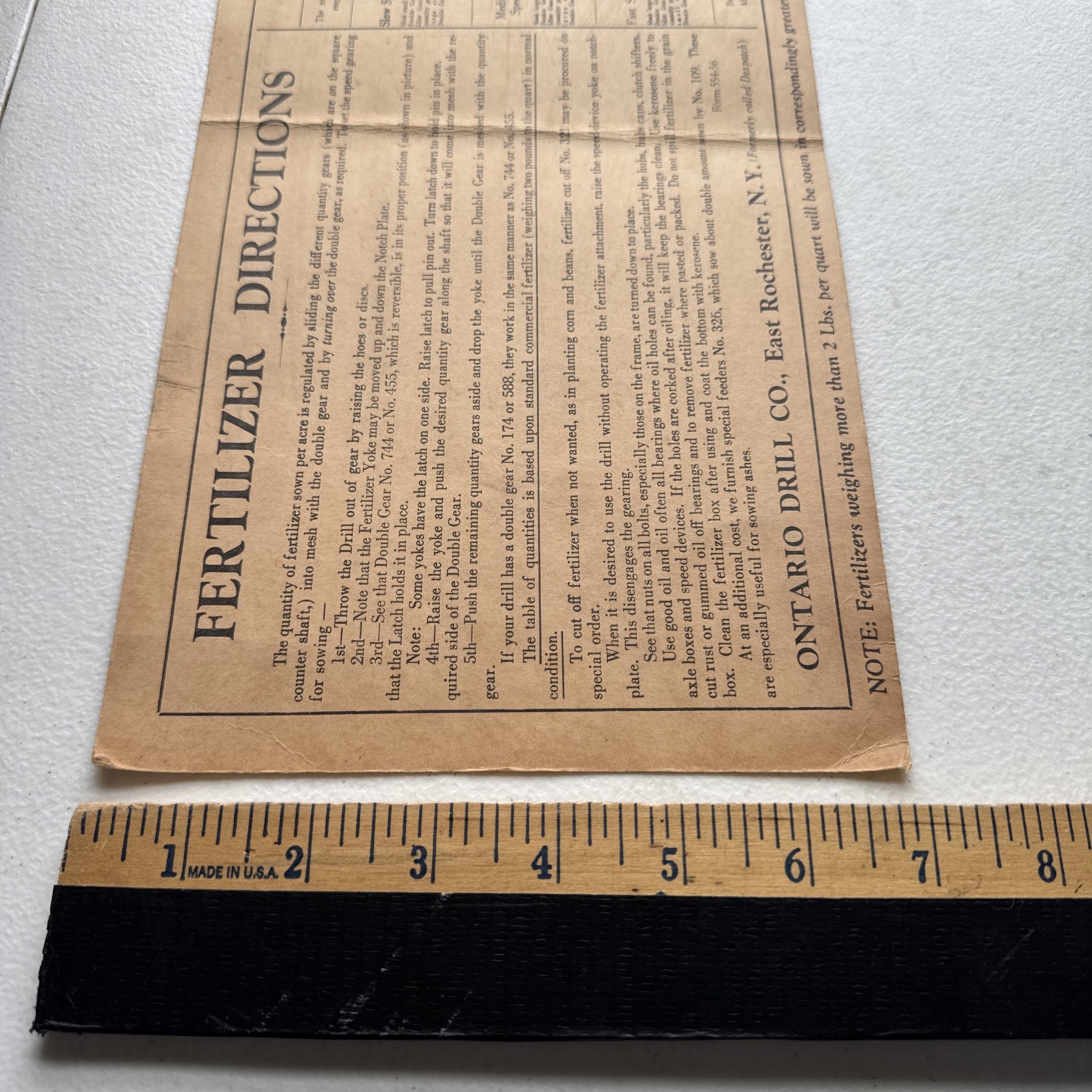 Ontario Drill Co. 8-Inch Drills Fertilizer Directions Application chart