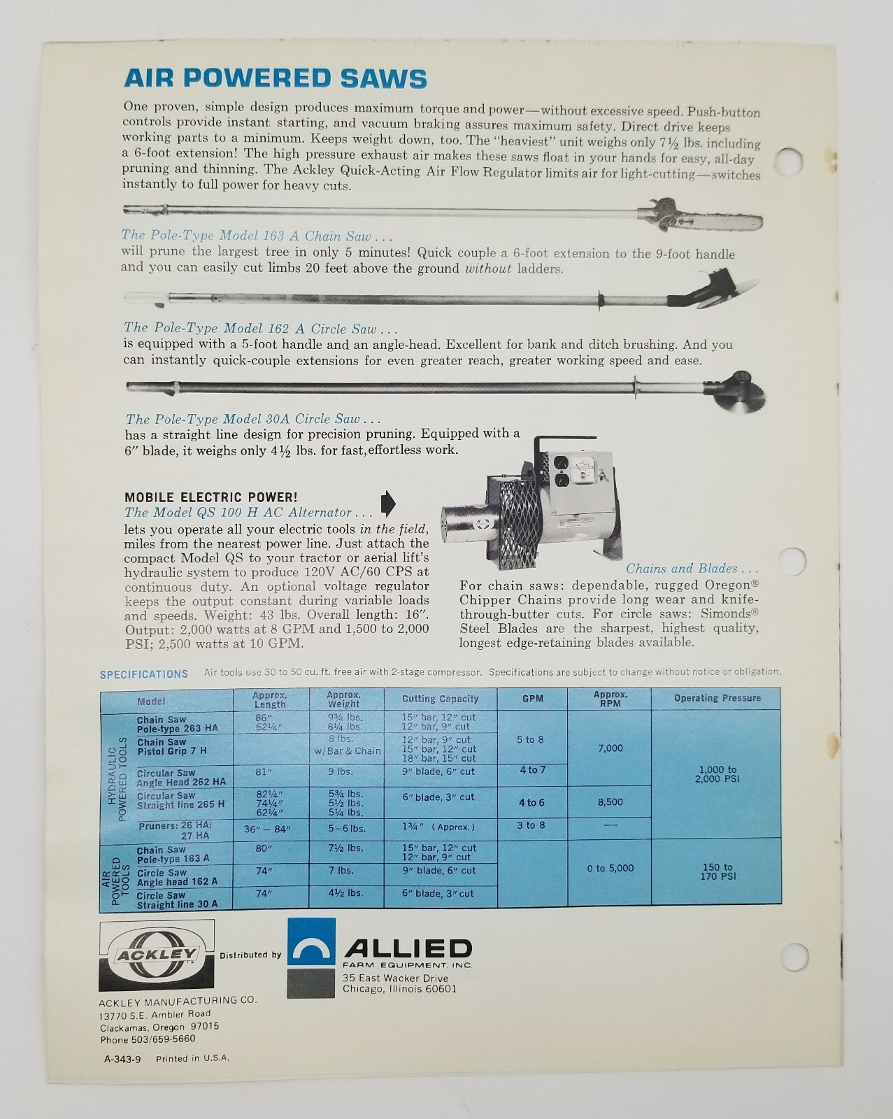 Vintage Allied Ackley Air Chainsaws Chicago Sales & Dealer Advertising Brochure