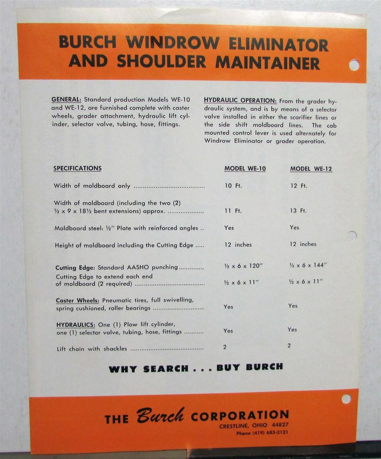 1974 Burch Window Eliminator Shoulder Maintainer Construction Sales Data Sheet