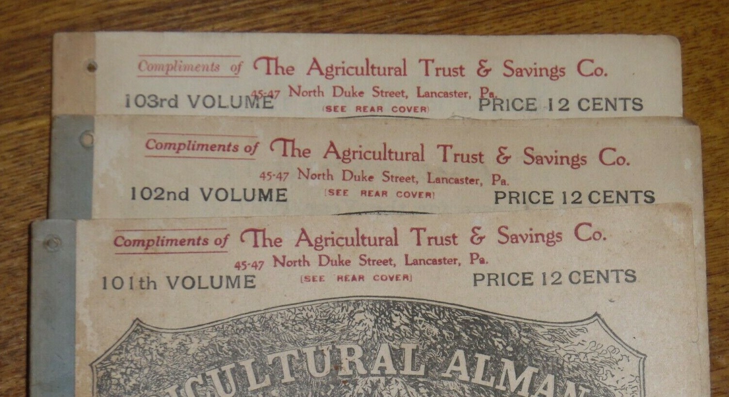 3 Old Agricultural Almanacs – John Baer’s Sons Lancaster PA – Vol. 101 102 103