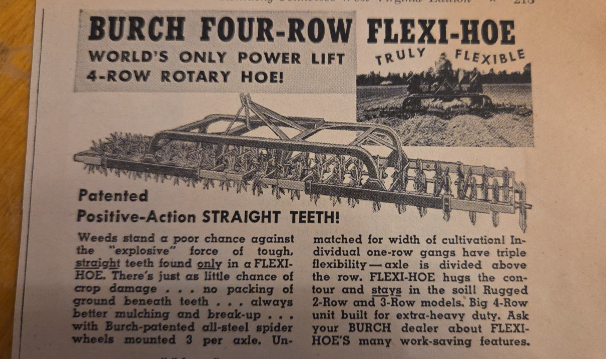 Burch Four Row Flexi Hoe Vintage 1953 Print Ad 4 Row Rotary Hoe Farming