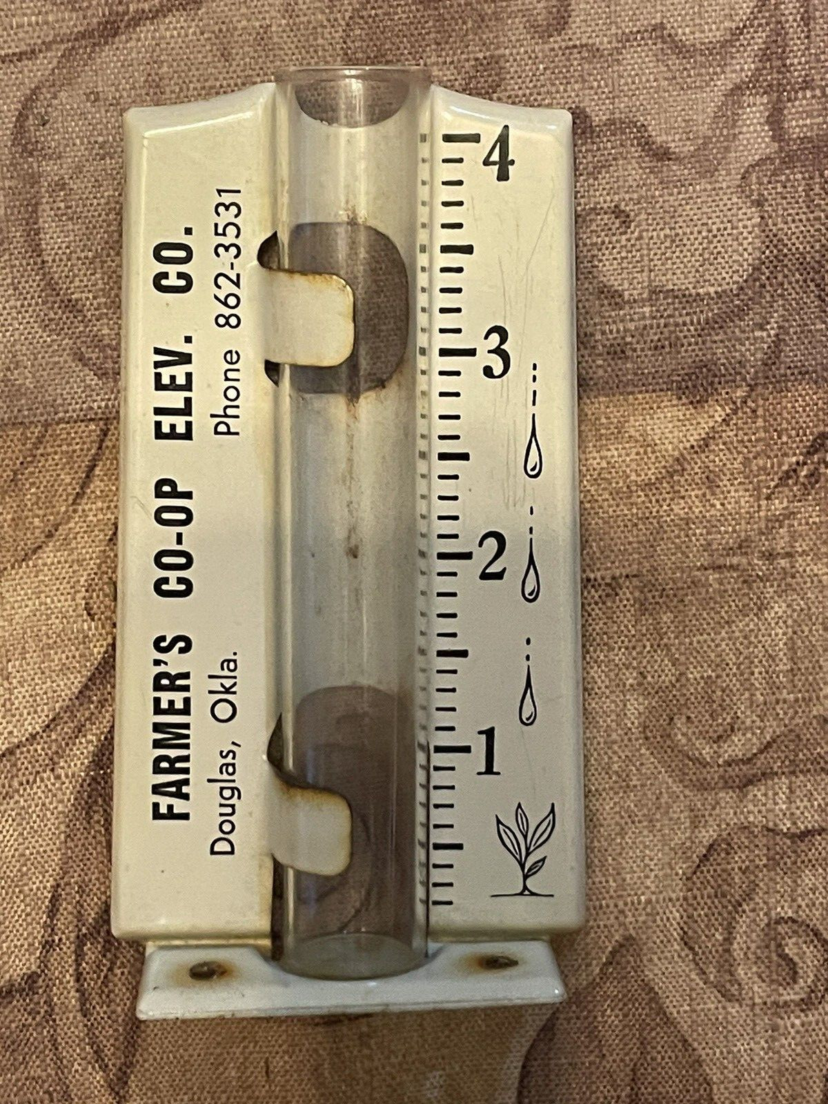 Vintage Rain Gauge Glass Tube Metal Stand FARMER’S CO-OP ELEV. CO Douglas Okla