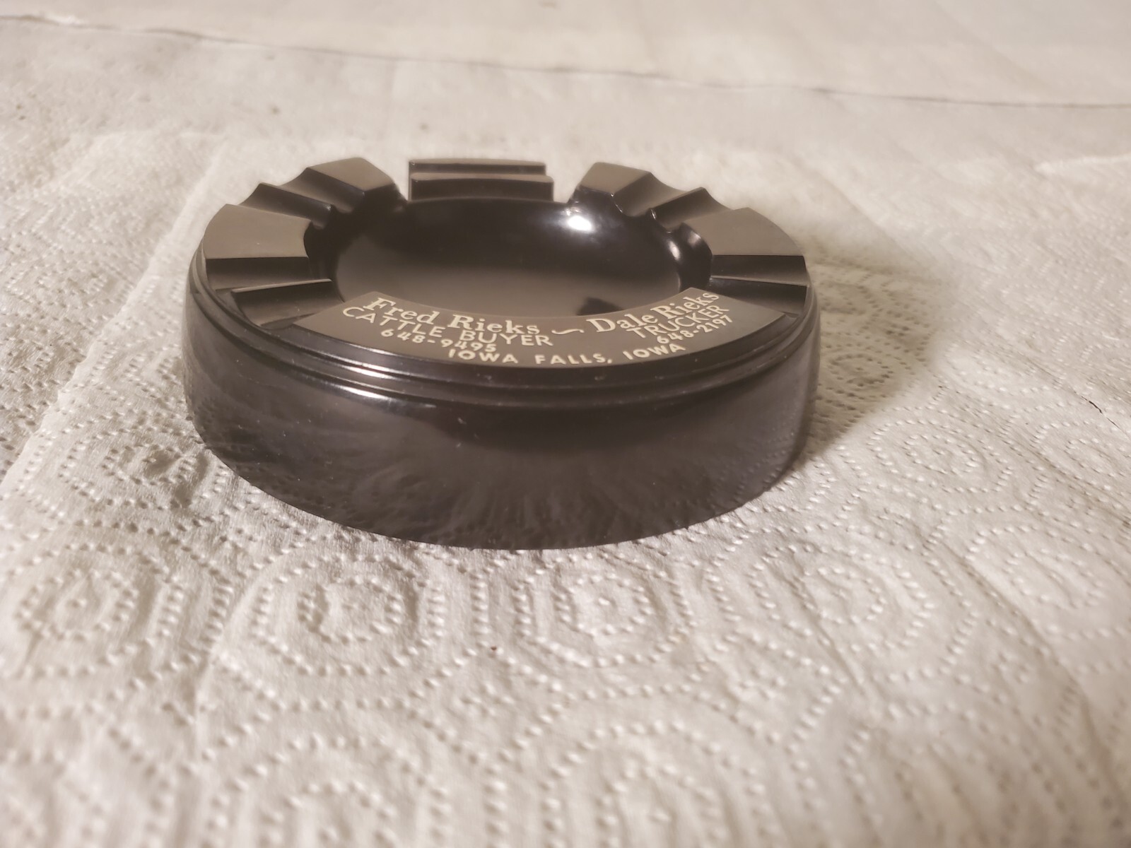 5″ Plastic Ashtray Fred & Dale Rieks Iowa Falls Iowa Trucker Cattle Buyer