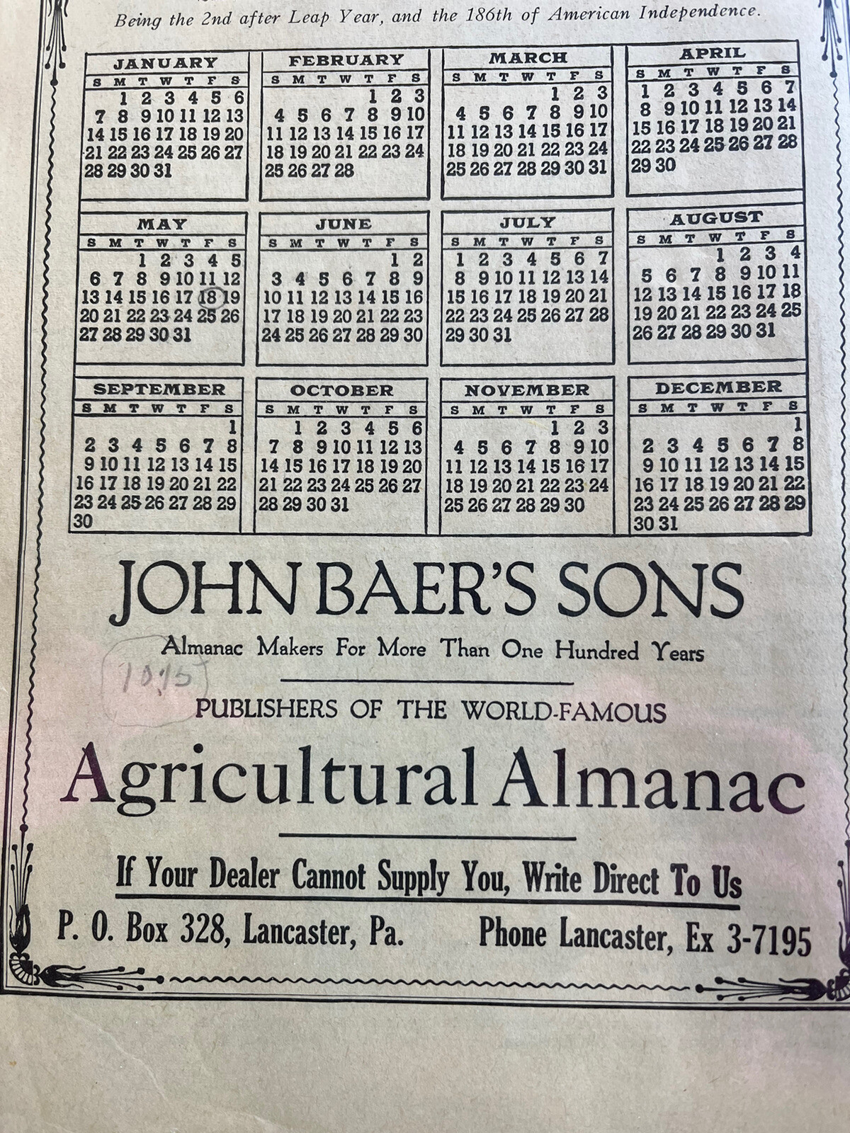 VINTAGE FARMERS AGRICULTURAL ALMANACS, BAER’S LANCASTER PA 1962