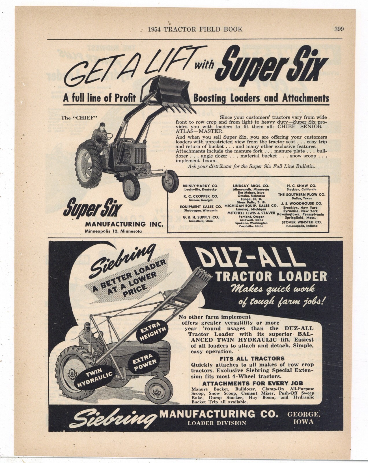 1954 Super Six Mfg. Co. Ad: The Chief Boosting Loader & Attachment – Minneapolis