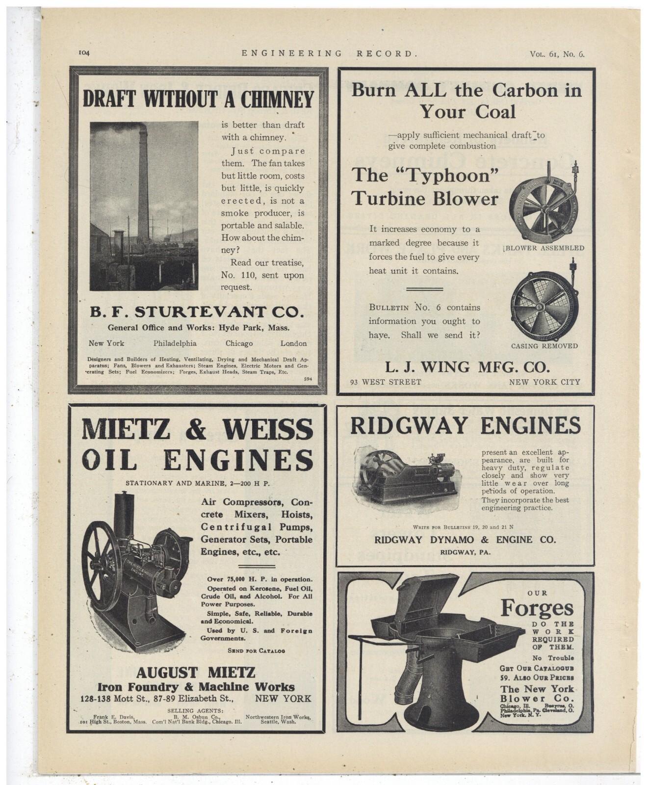1910 August Mietz Iron Foundry & Machine Works Ad: Oil Engines, New York City