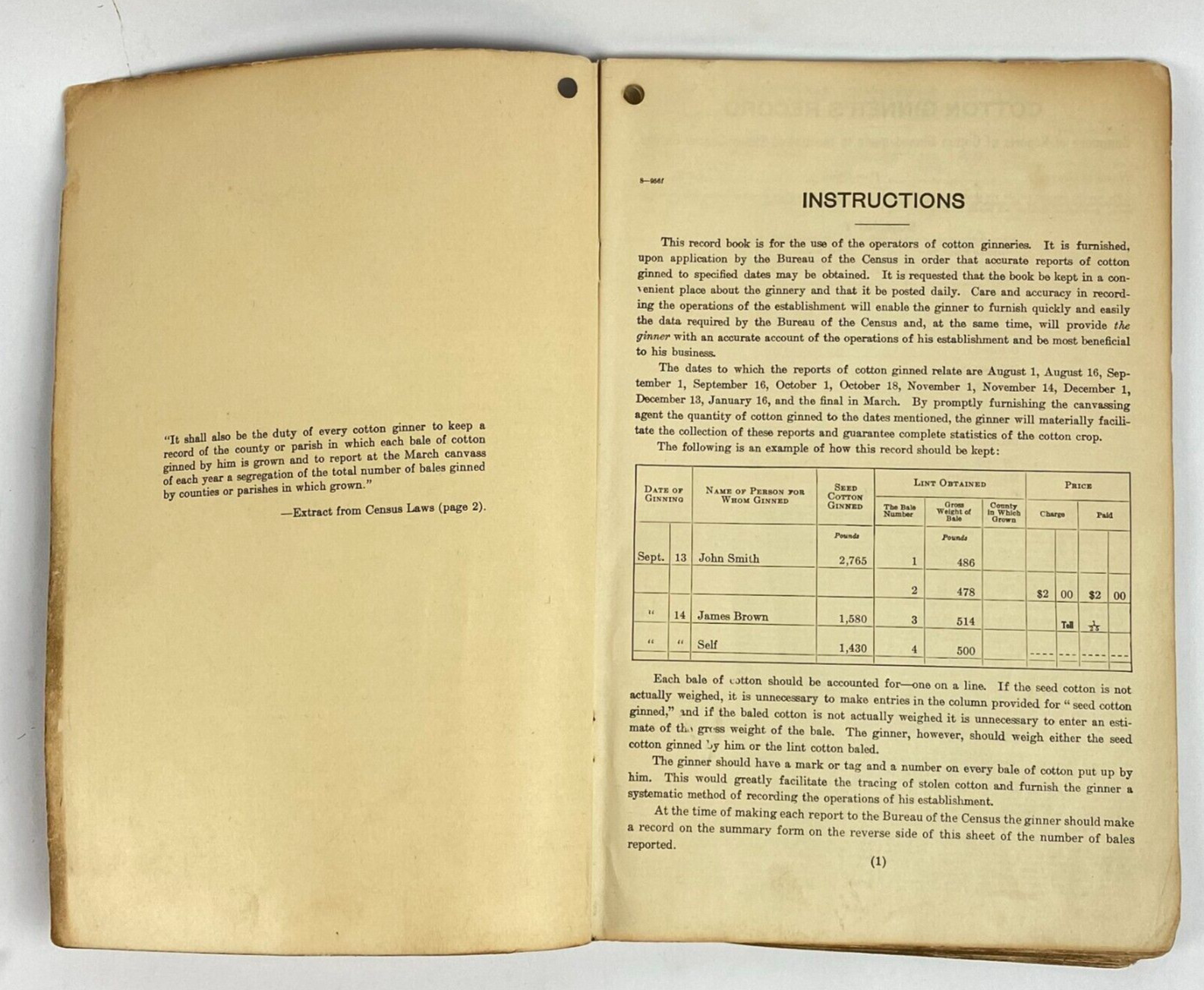 1950’s Dept of Commerce Cotton Ginner’s Record Book Filled Out Vintage