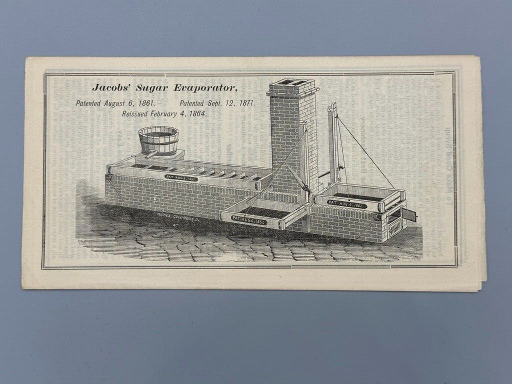 1876 JACOBS Bros SUGAR Cane EVAPORATOR Farm Advertising Antique COLUMBUS Ohio