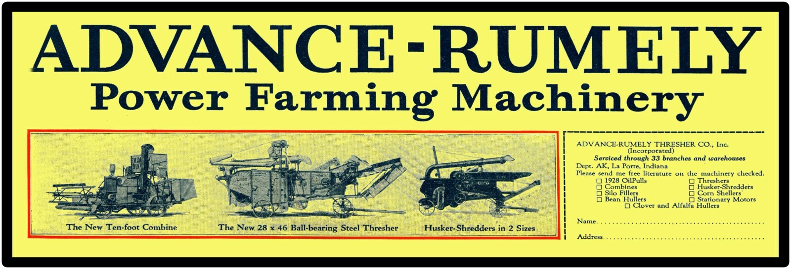 Advance Rumely Machinery LaPorte IN Sign, 12″ x 36″ USA STEEL XL Size – 4 POUNDS