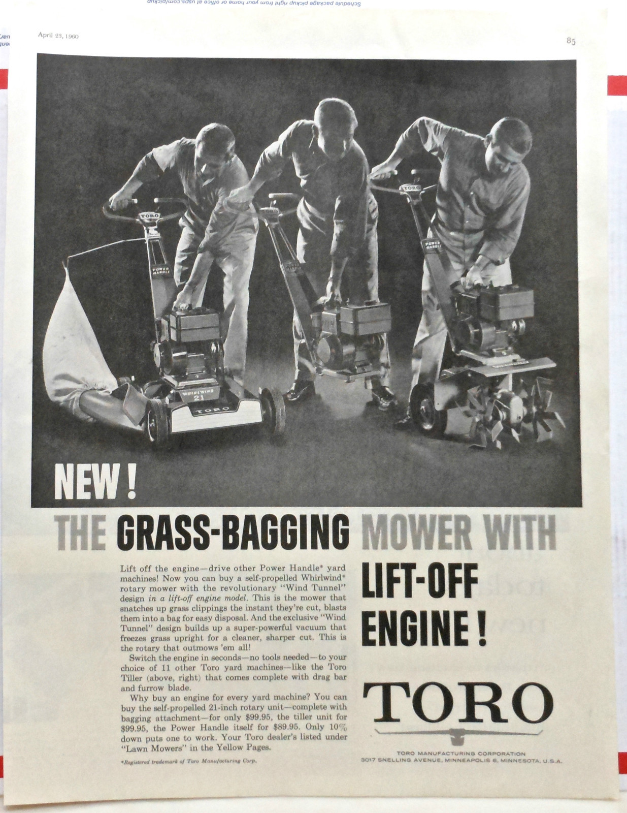 1960 magazine ad for Toro lawn mowers – Grass bagging lift off engine, photo ad