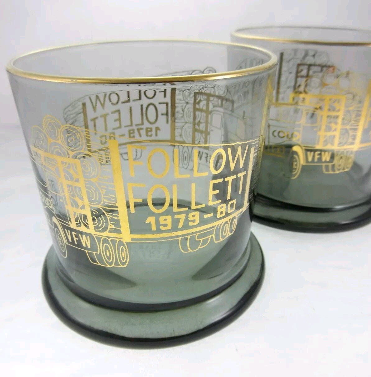 2pc Set ‘Follow Follett’ Colorado VFW Logging Trucking Advertising Rocks Glasses