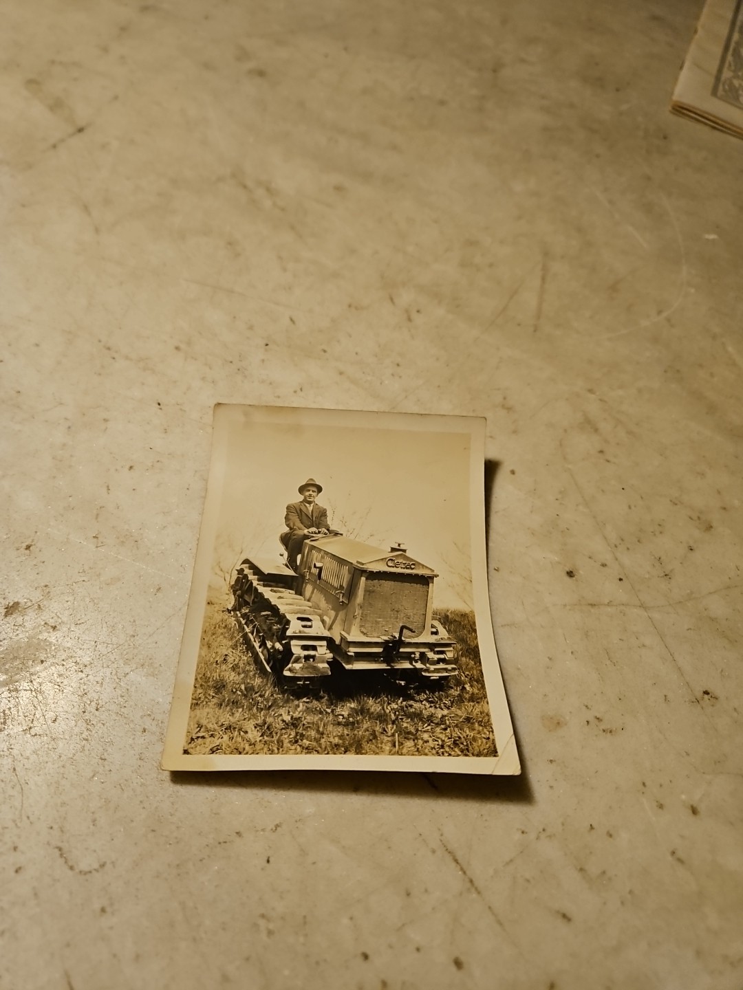 Antique Cletrac Tractor Photo w Man All Dressed Up In His Best Angular Radiator