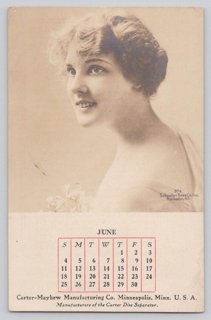 Carter Disc Separator Carter Mayhew Mfg Co June Calendar Trade Card 3.5×5.75″