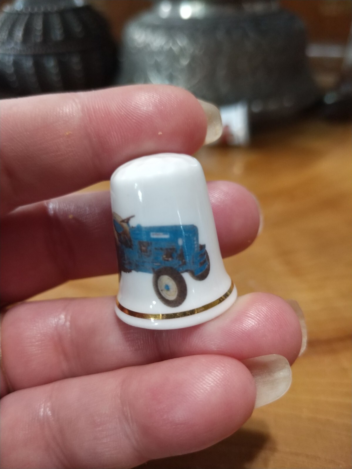 2 Vintage farm tractors thimbles. Gimbel and sons bone china England