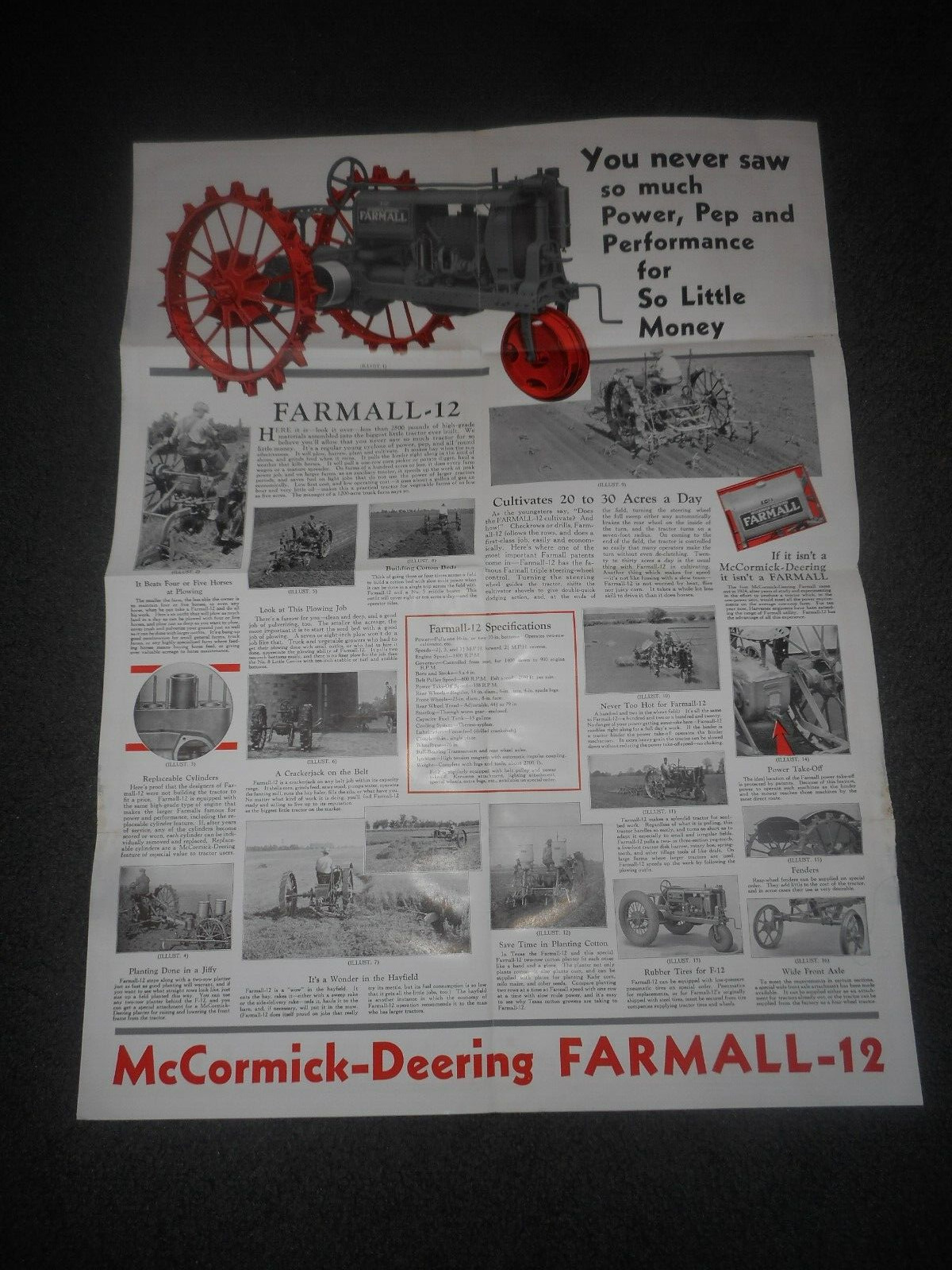 IH McCormick Deering Farmall 12 Tractor Salesman Dealer Window Brochure c.1930