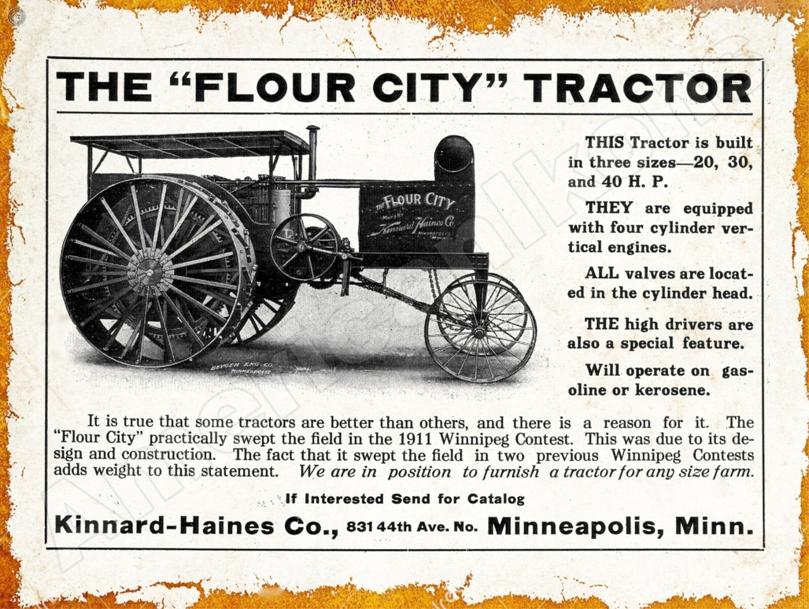 1912 Kinnard Haines Flour City Tractor New Metal Sign: Minneapolis, Minnesota