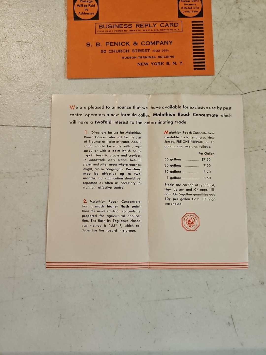 Vintage SB Penick & Co Malathion Roach Concentrate For Roach Control Brochure