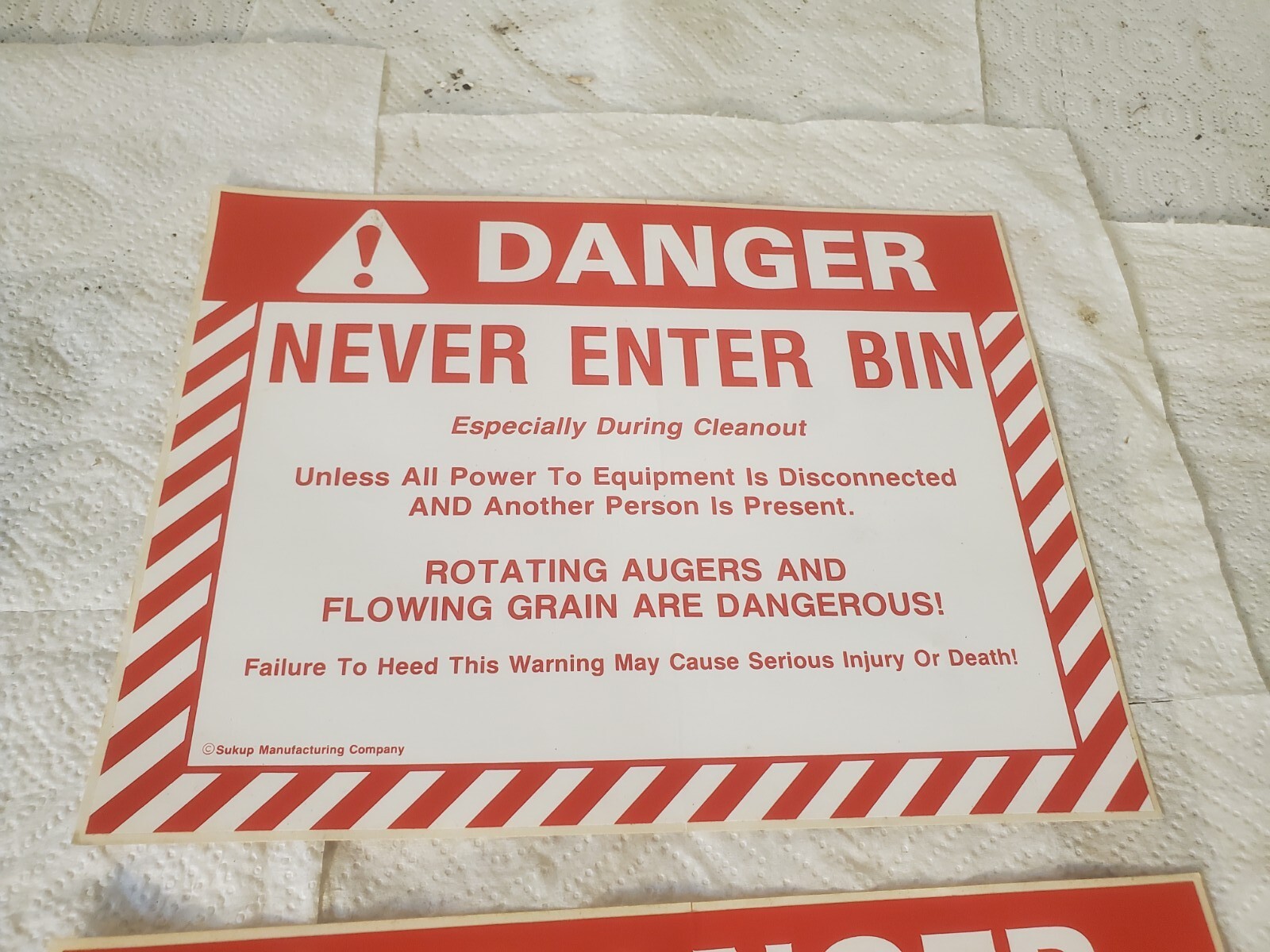 2 11″ X 8-1/2″ Peel Off Stickers Danger Never Enter Bin Sukup Corn Grain Farm