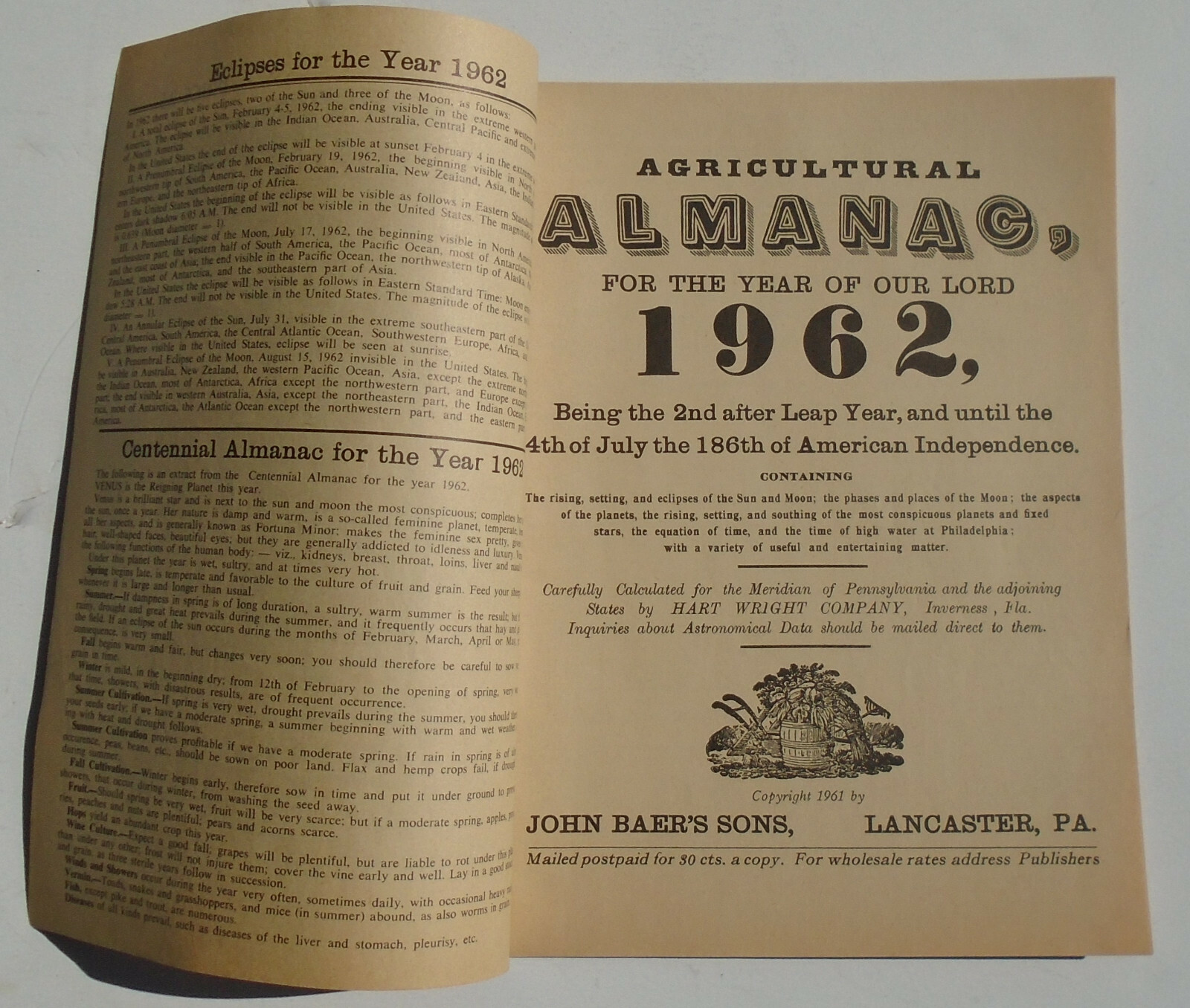 John Baer’s Sons, Lancaster, PA 1962 Agricultural Almanac