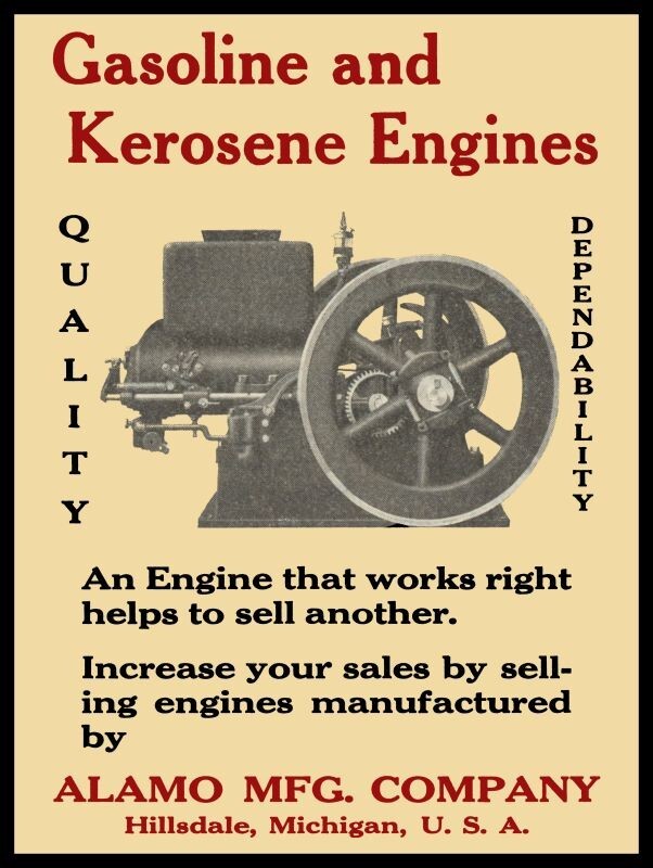 Alamo Gas & Kerosene Engines, Hillsdale, MI NEW METAL SIGN: 12×16″ Ships Free