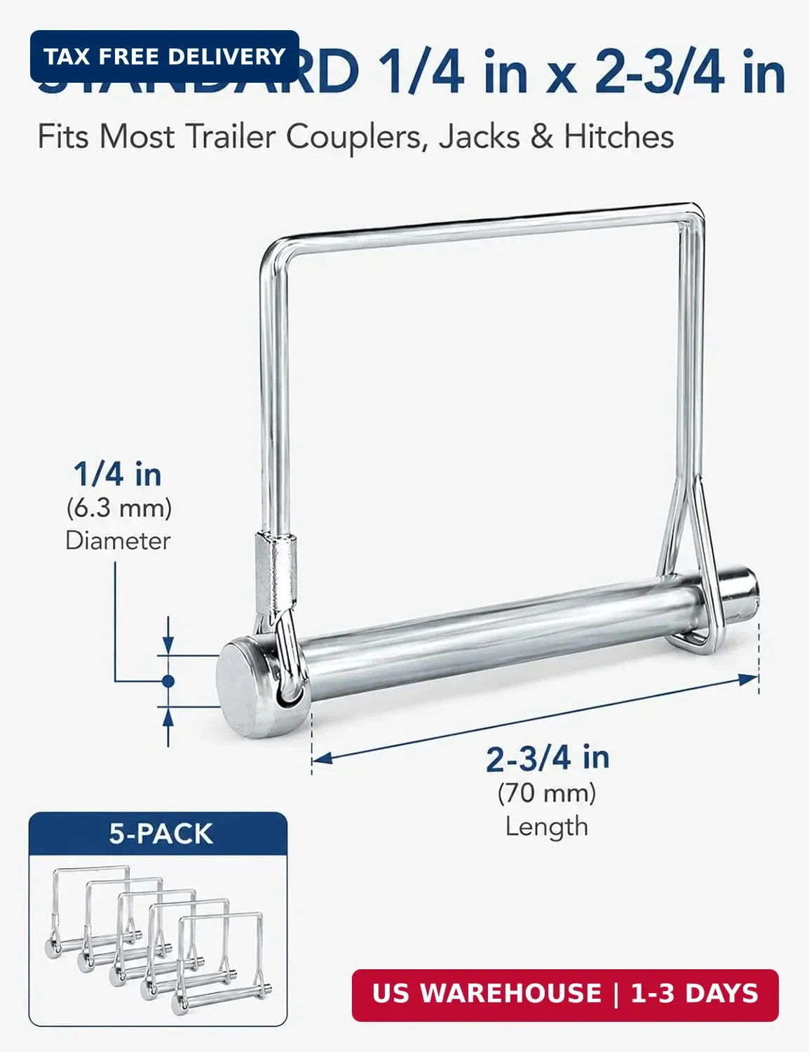 5 Pack Square Trailer Pin 1/4 inch x 2-3/4 inch, Heavy Duty Shaft Locking Pin, C