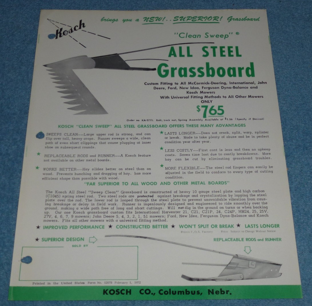 Vtg 1972 Kosch Co Farm Equipment Brochure Steel Grassboard Ball Bearing Spinner