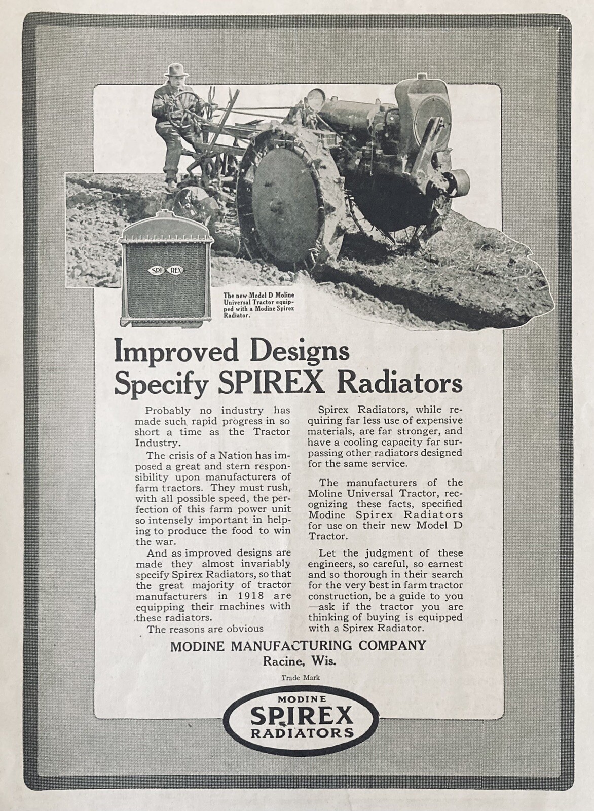 1918 AD.(XH66)~MODINE MFG. CO. RACINE, ILL. MODINE SPUREX TRACTOR RADIATORS