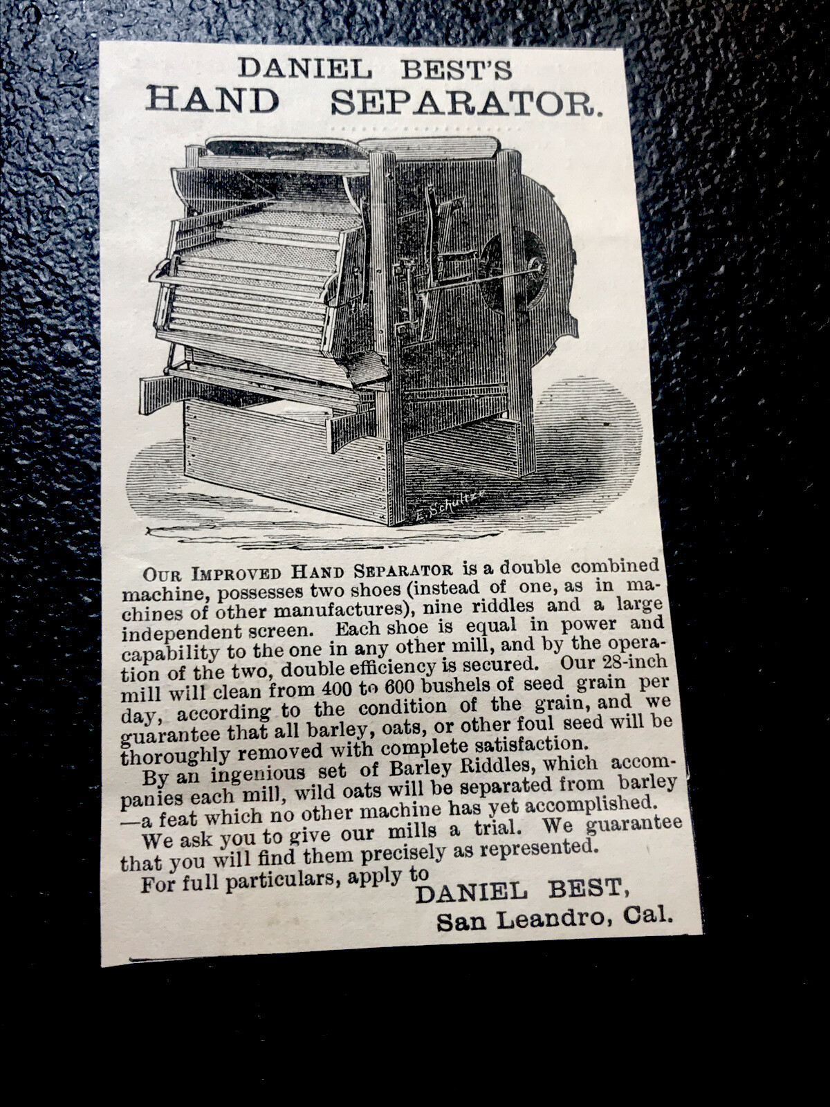 1886 Daniel Best Hand Separator Farm Advertising – San Leandro – California
