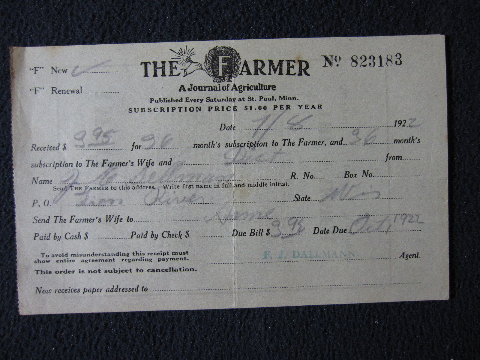 1922 The Farmer Journal of Agriculture Subscription Receipt (and Farmer’s Wife)