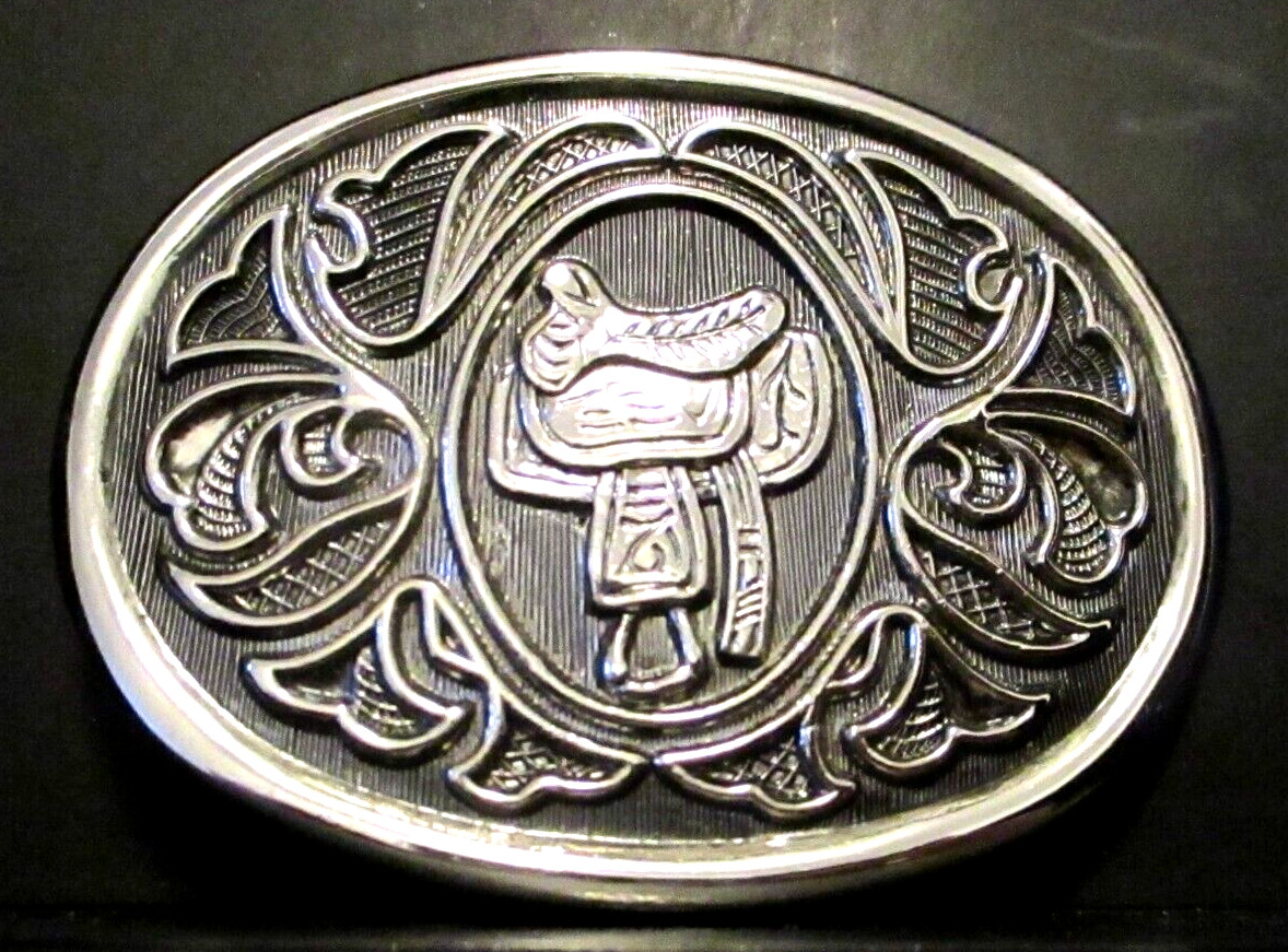 Vintage Horse Saddle Western Dress Style Silver Belt Buckle Avon 3″ x 2.25″