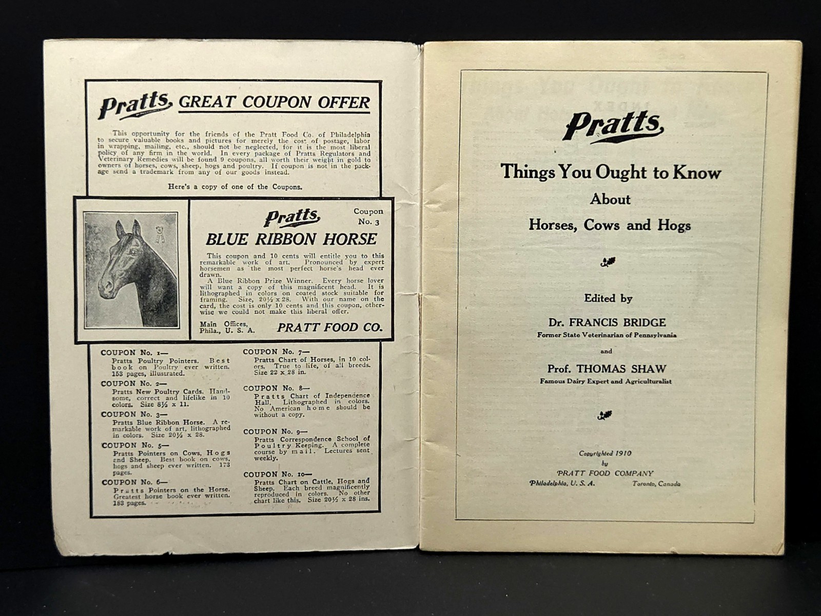 Pratt’s Agricultural Farm Animal Feed Book on Raising Horses Cows & Hogs c.1911