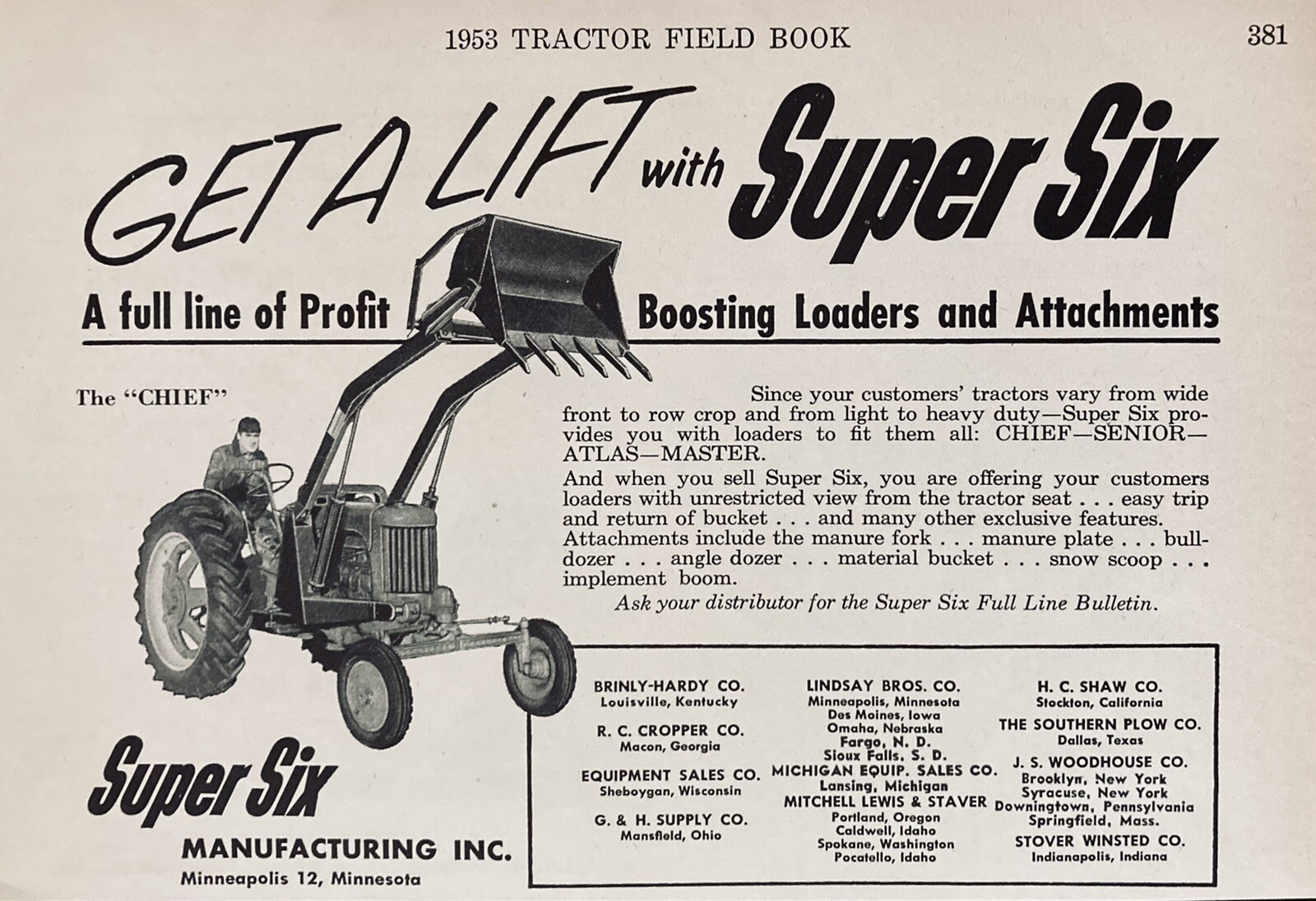 1953 AD.(XH21)~SUPER SIX MFG. INC. MINNEAPOLIS, MINN. SUPER SIX “CHIEF” LOADER
