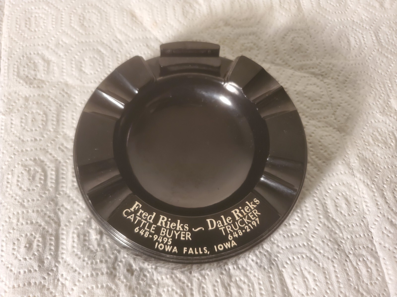 5″ Plastic Ashtray Fred & Dale Rieks Iowa Falls Iowa Trucker Cattle Buyer